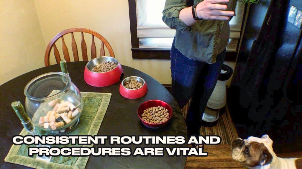 Dogs waiting while their food bowls are being prepared