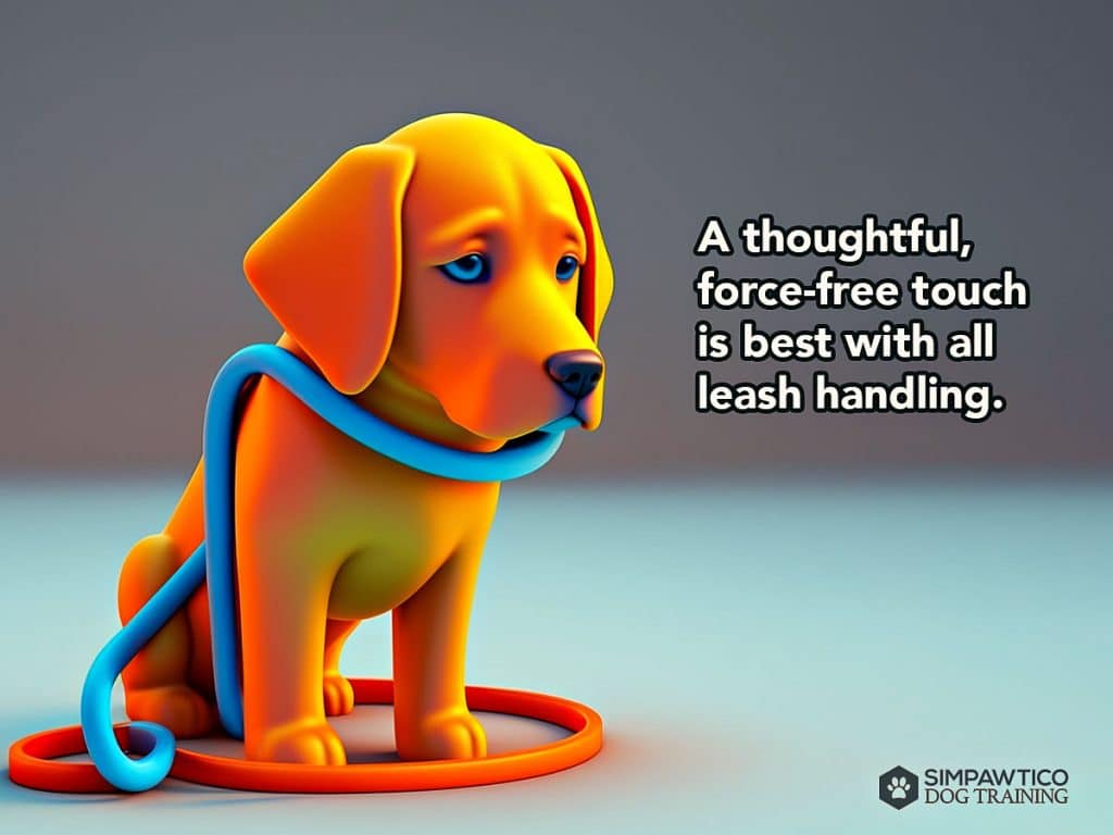 Illustration of a sad dog with a leash on, and a caption extolling force-free handling.