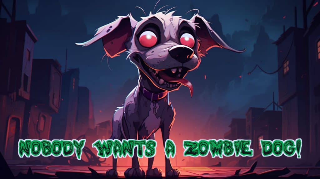 A cute zombie dog with his tongue out